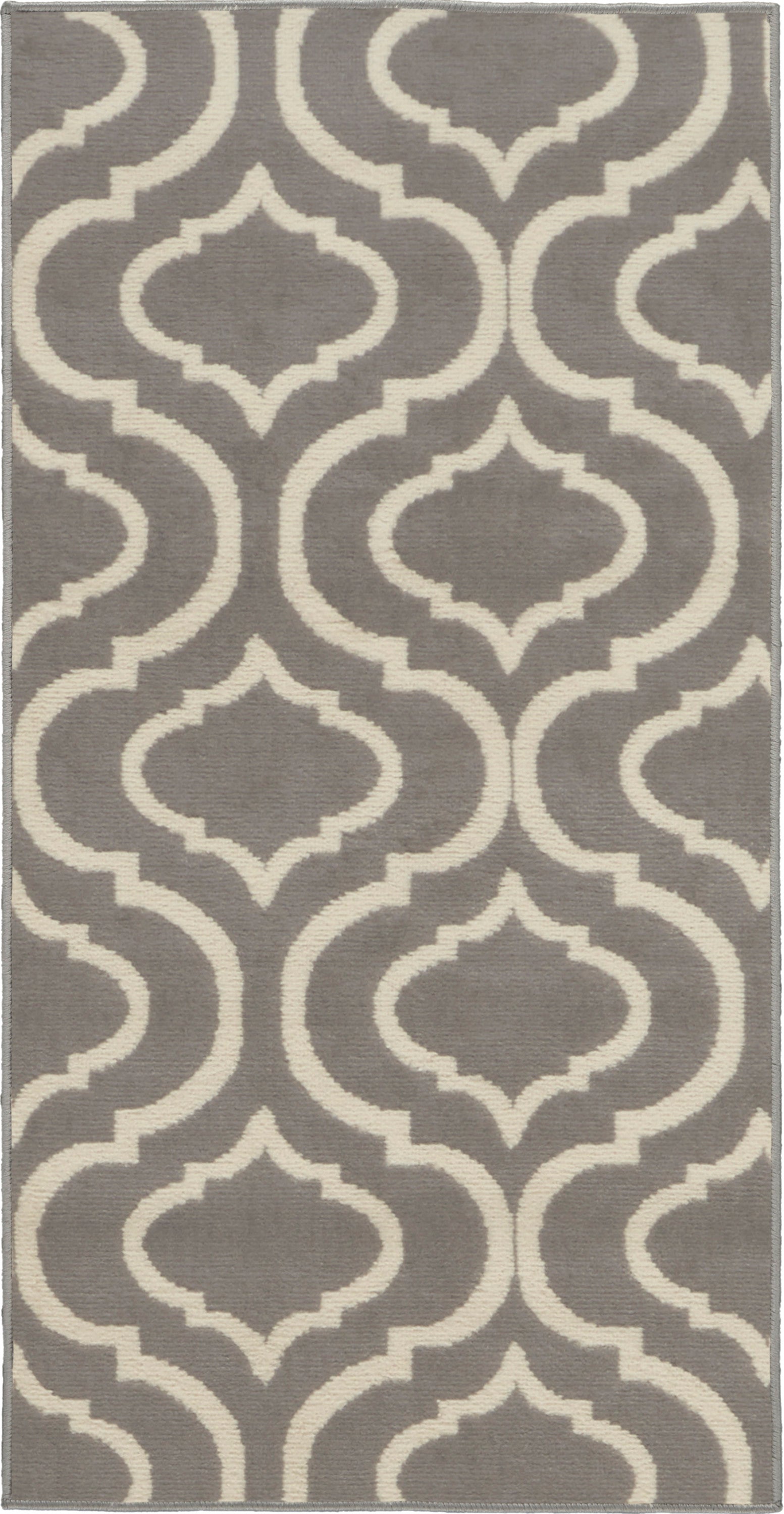 Gray rug with cream trellis/arabesque pattern, modern geometric design, rectangular, soft textured look.