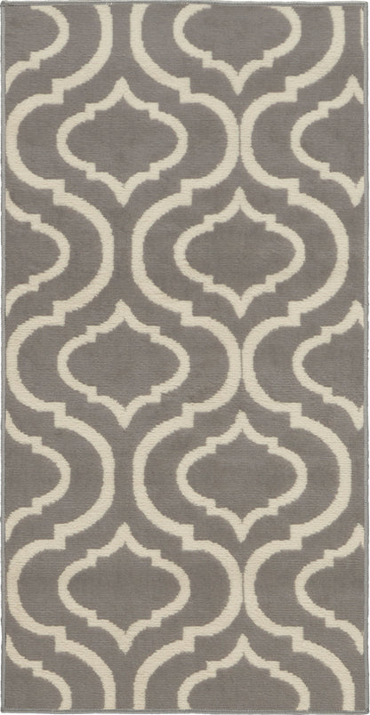 Gray rug with cream trellis/arabesque pattern, modern geometric design, rectangular, soft textured look.