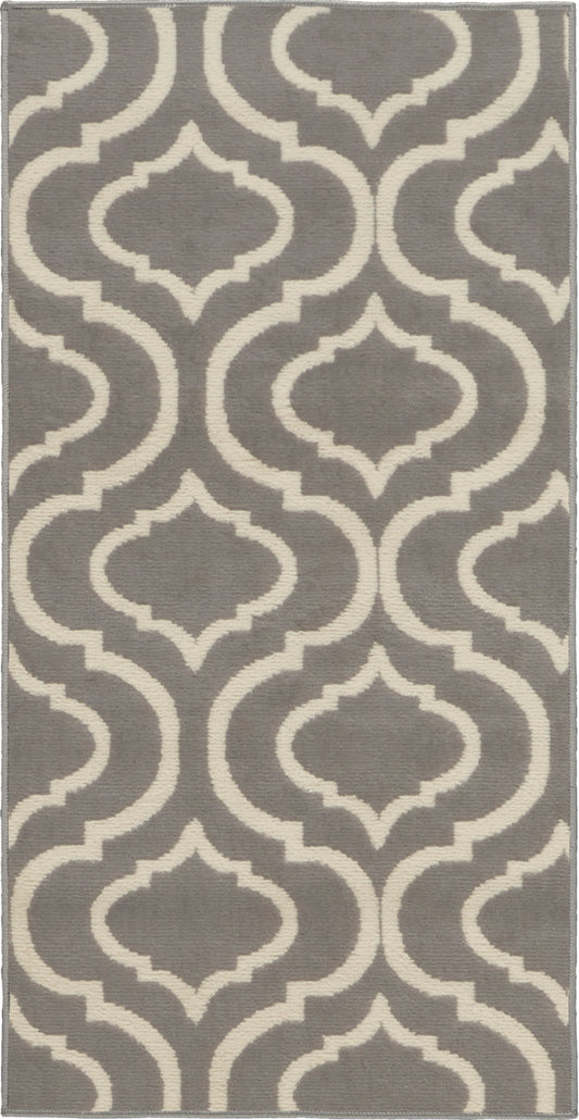Gray rug with cream trellis/arabesque pattern, modern geometric design, rectangular, soft textured look.
