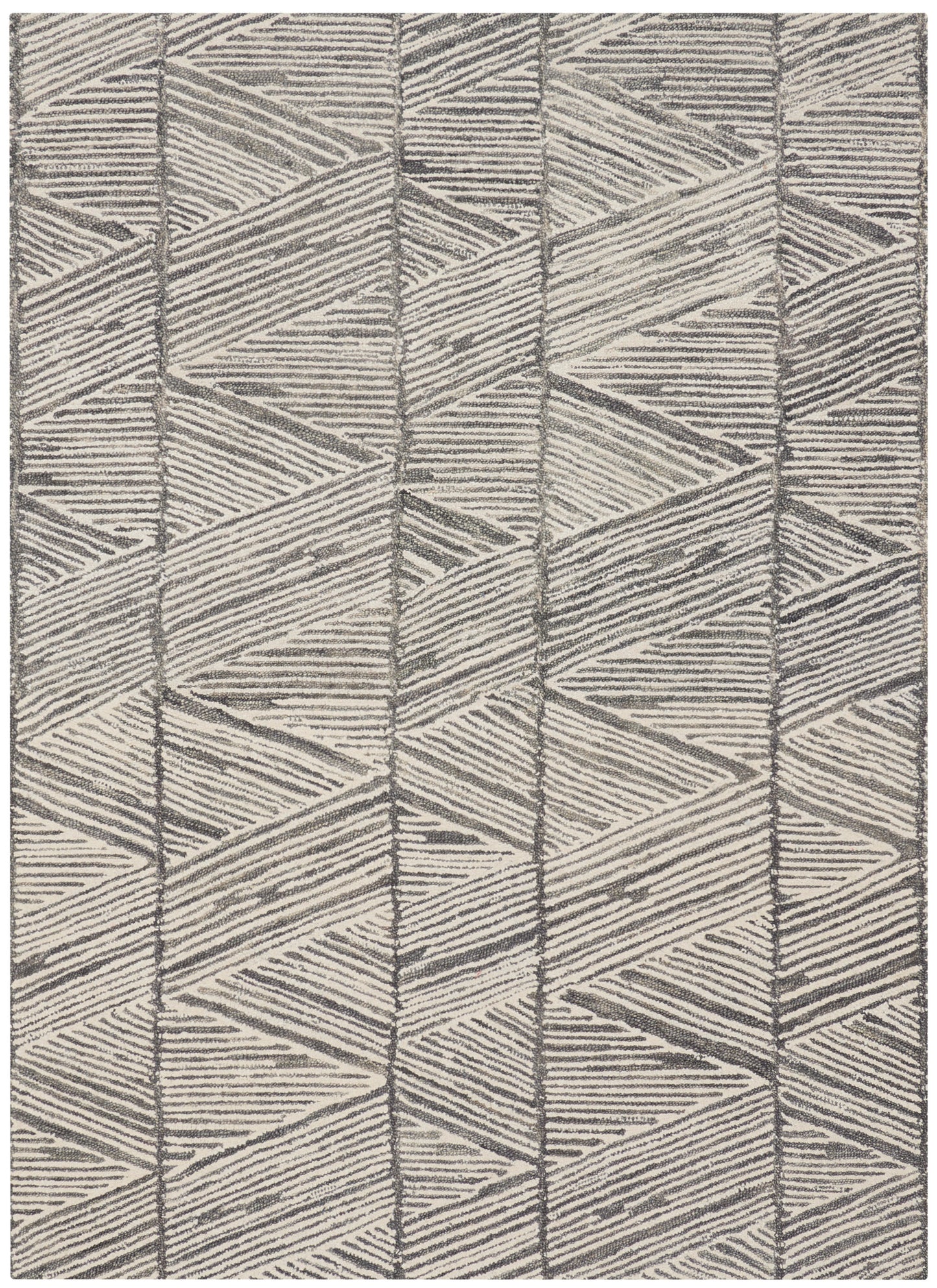Geometric beige & gray area rug with interlocking triangular & chevron patterns; soft tufted texture