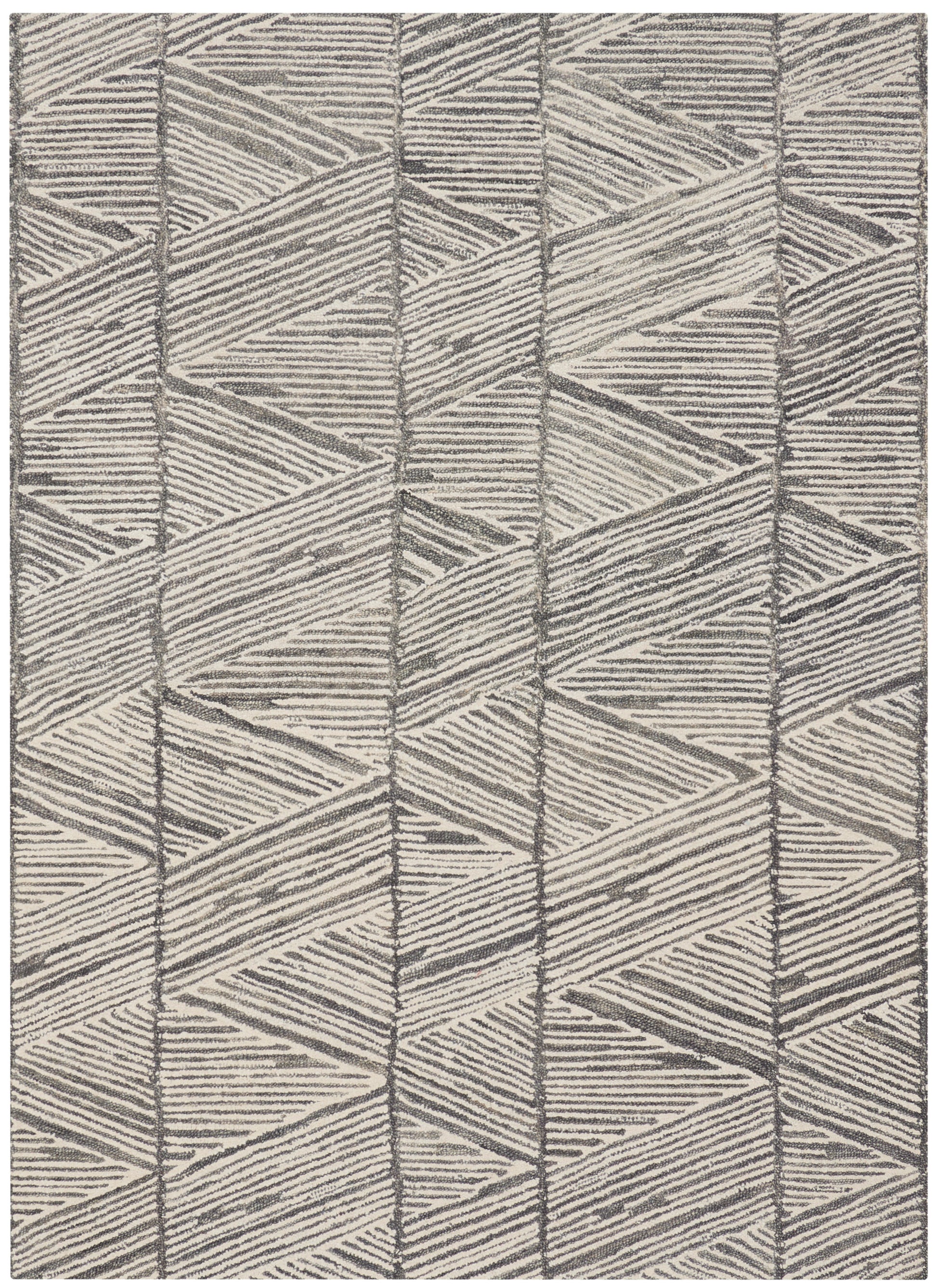 Geometric beige & gray area rug with interlocking triangular & chevron patterns; soft tufted texture