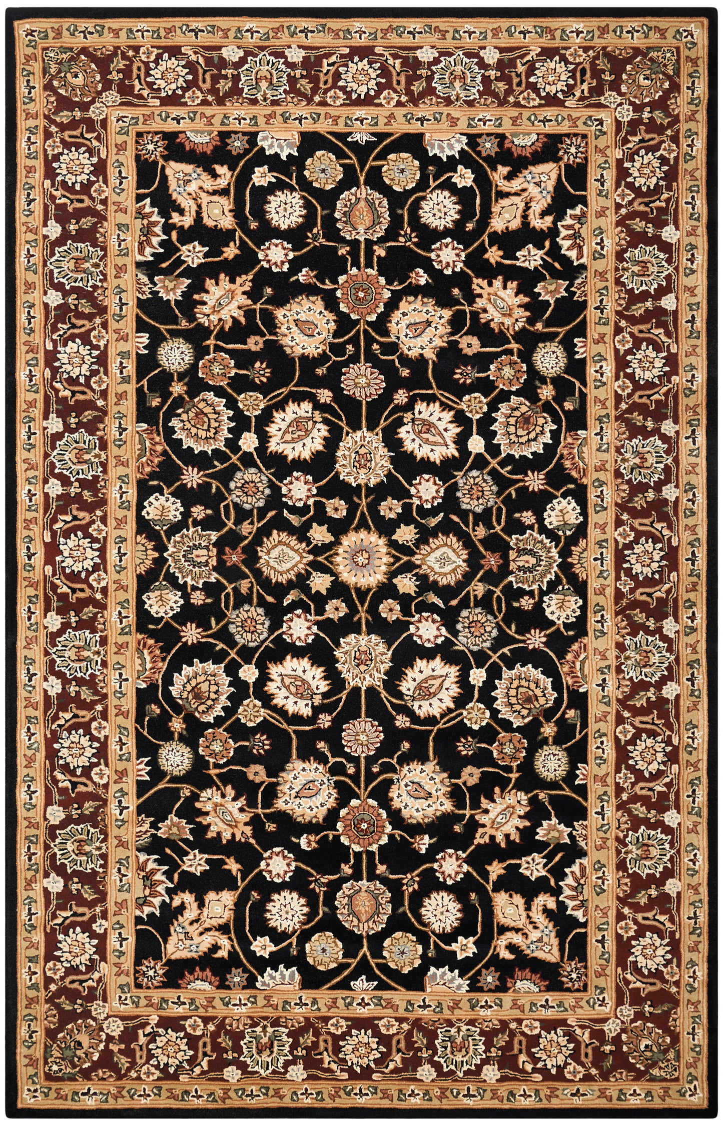 Rectangular oriental rug with black field, ivory-gold floral vines and medallions, red-brown border.