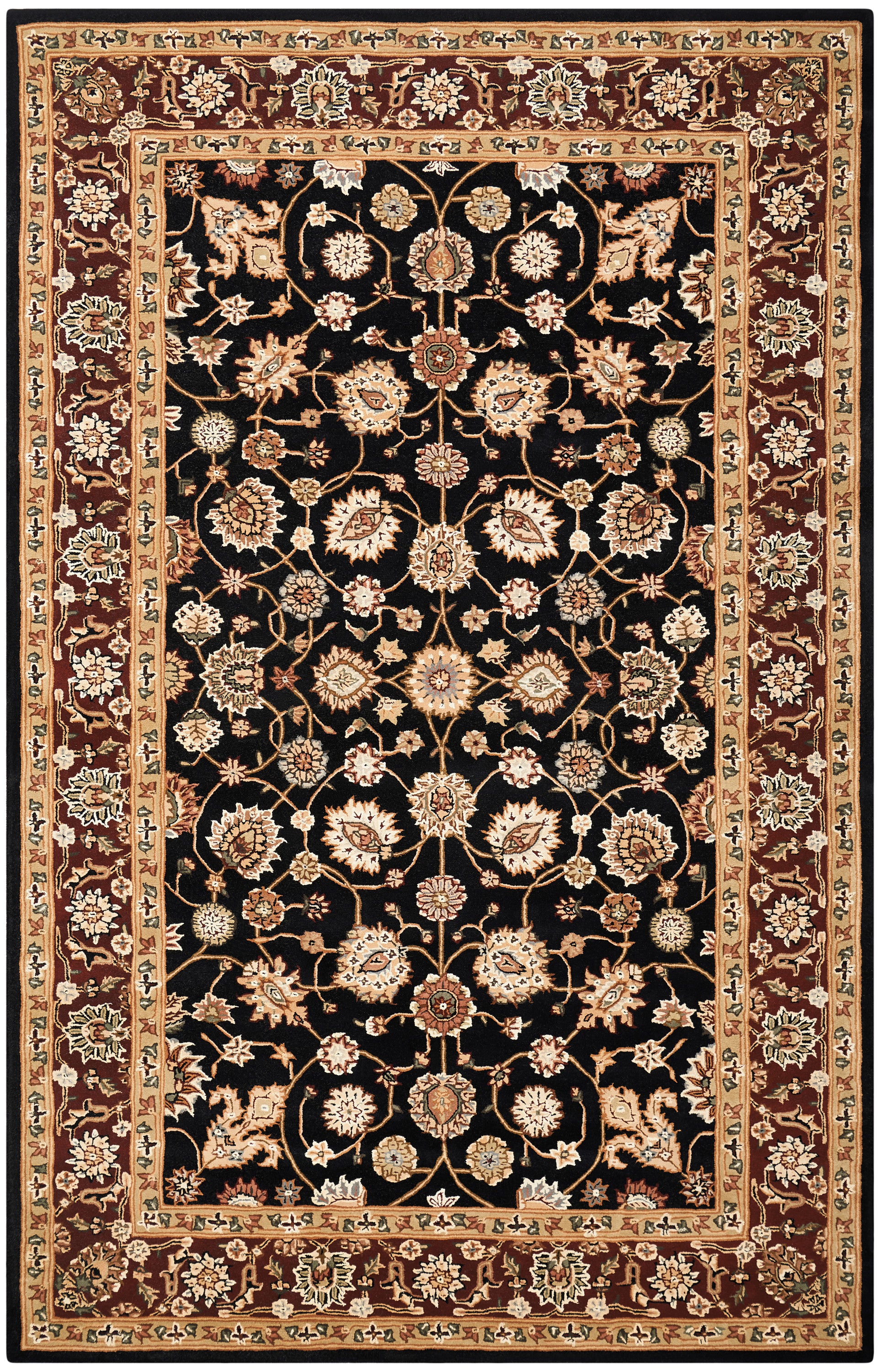 Rectangular oriental rug with black field, ivory-gold floral vines and medallions, red-brown border.
