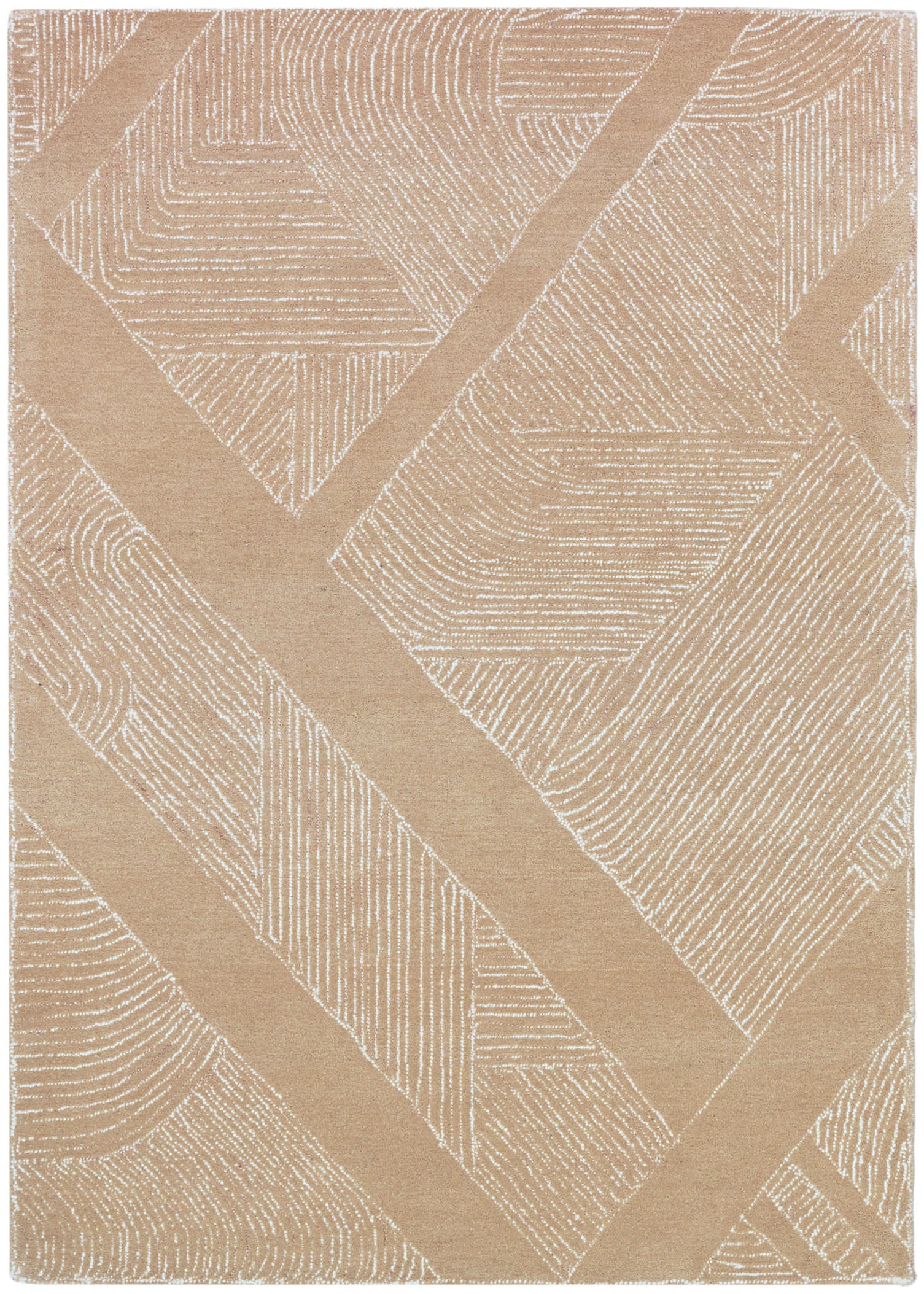 Beige area rug with tan diagonal bands and white hatch-line patterns; modern, textured geometric design.