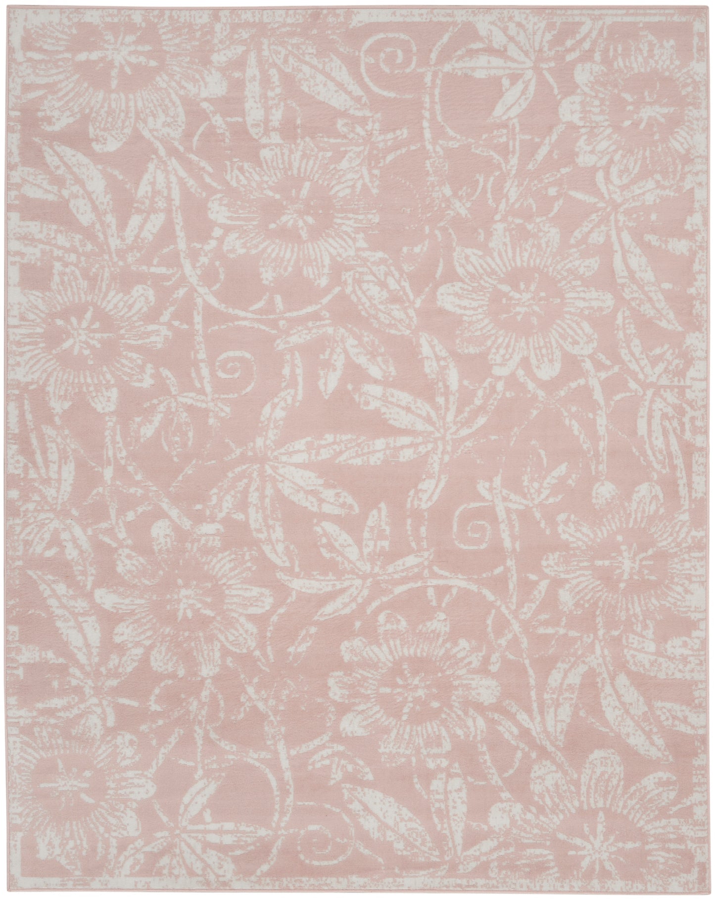 Soft blush pink rug with an all-over white floral damask pattern; rectangular, decorative area rug for living spaces.