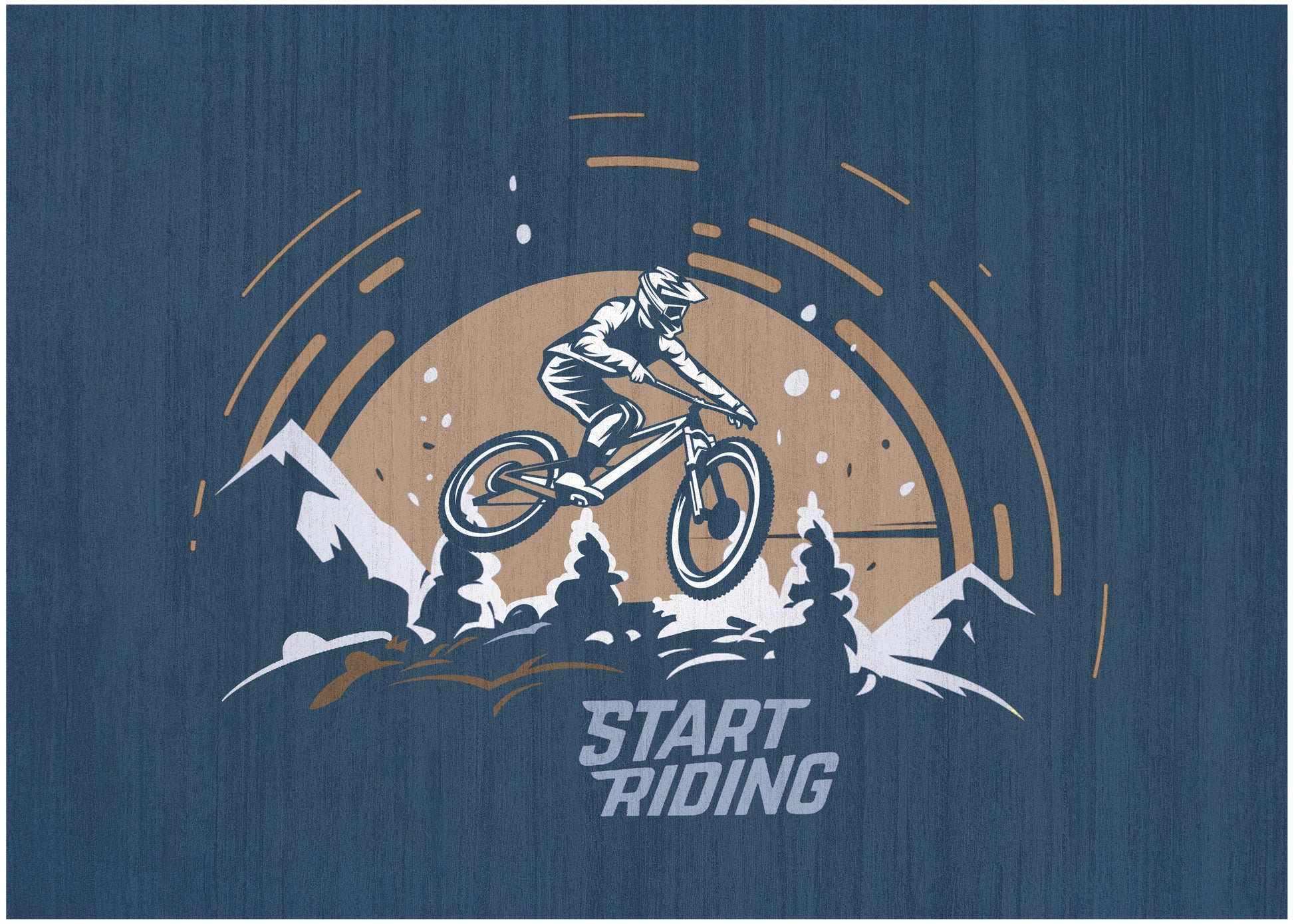 Graphic of a mountain biker jumping over pine trees with a beige sun arc and mountains on a blue background, START RIDING text.