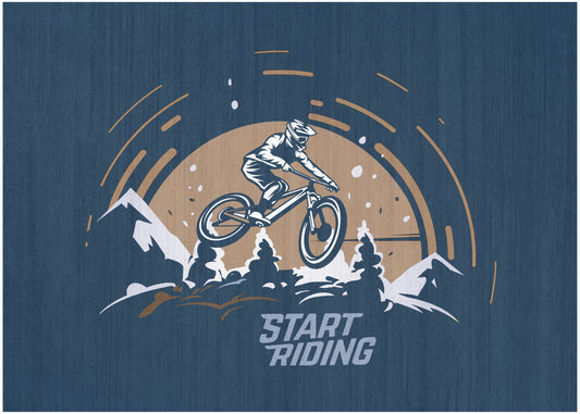 Retro mountain biking graphic; rider jumps over pines with mountains and a circular sun backdrop; START RIDING.