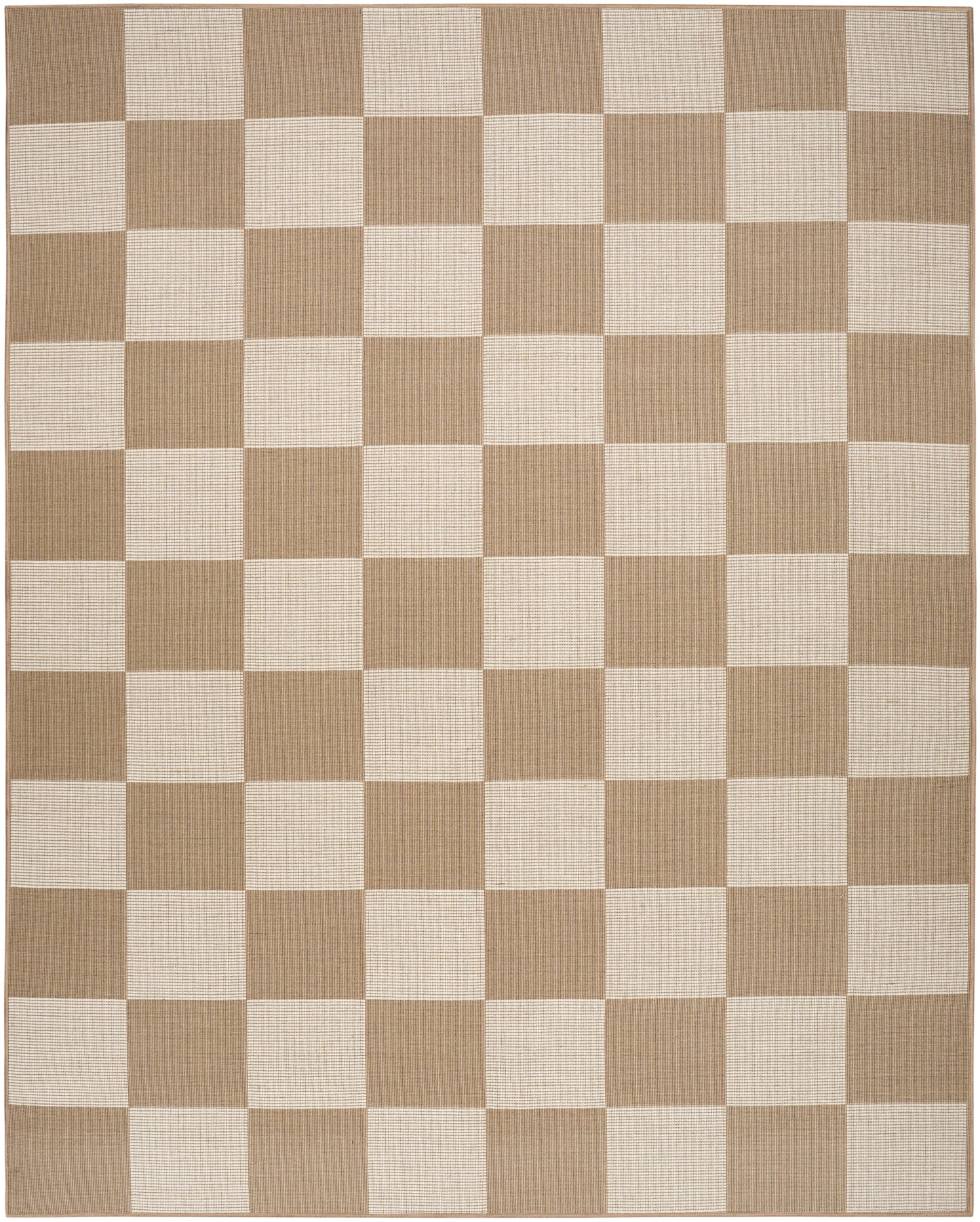 Beige and ivory checkered woven rug, rectangular with a modern chessboard pattern.