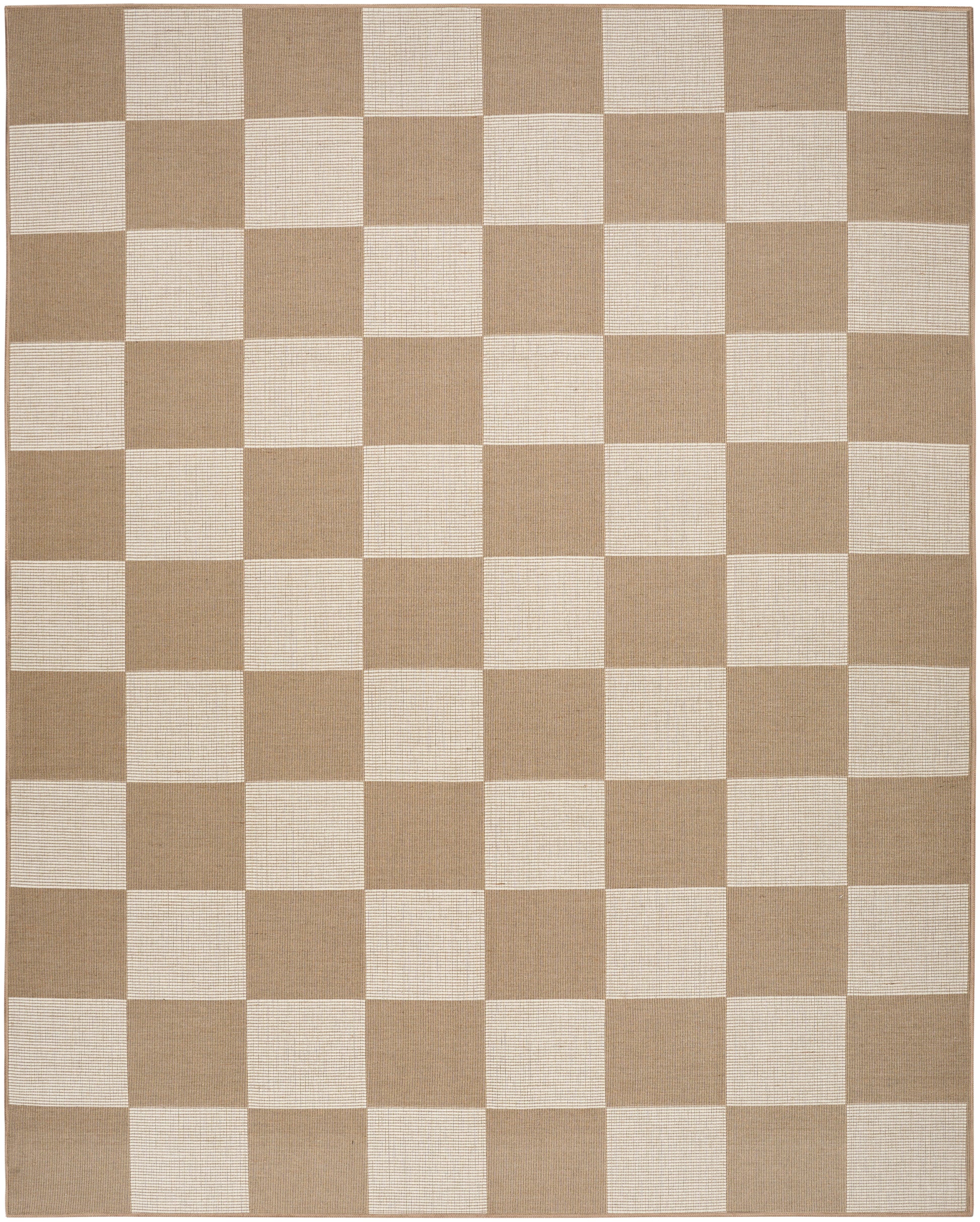 Beige and ivory checkered woven rug, rectangular with a modern chessboard pattern.