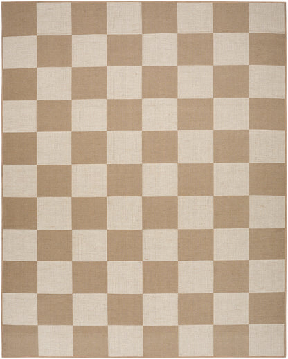 Beige and ivory checkered woven rug, rectangular with a modern chessboard pattern.