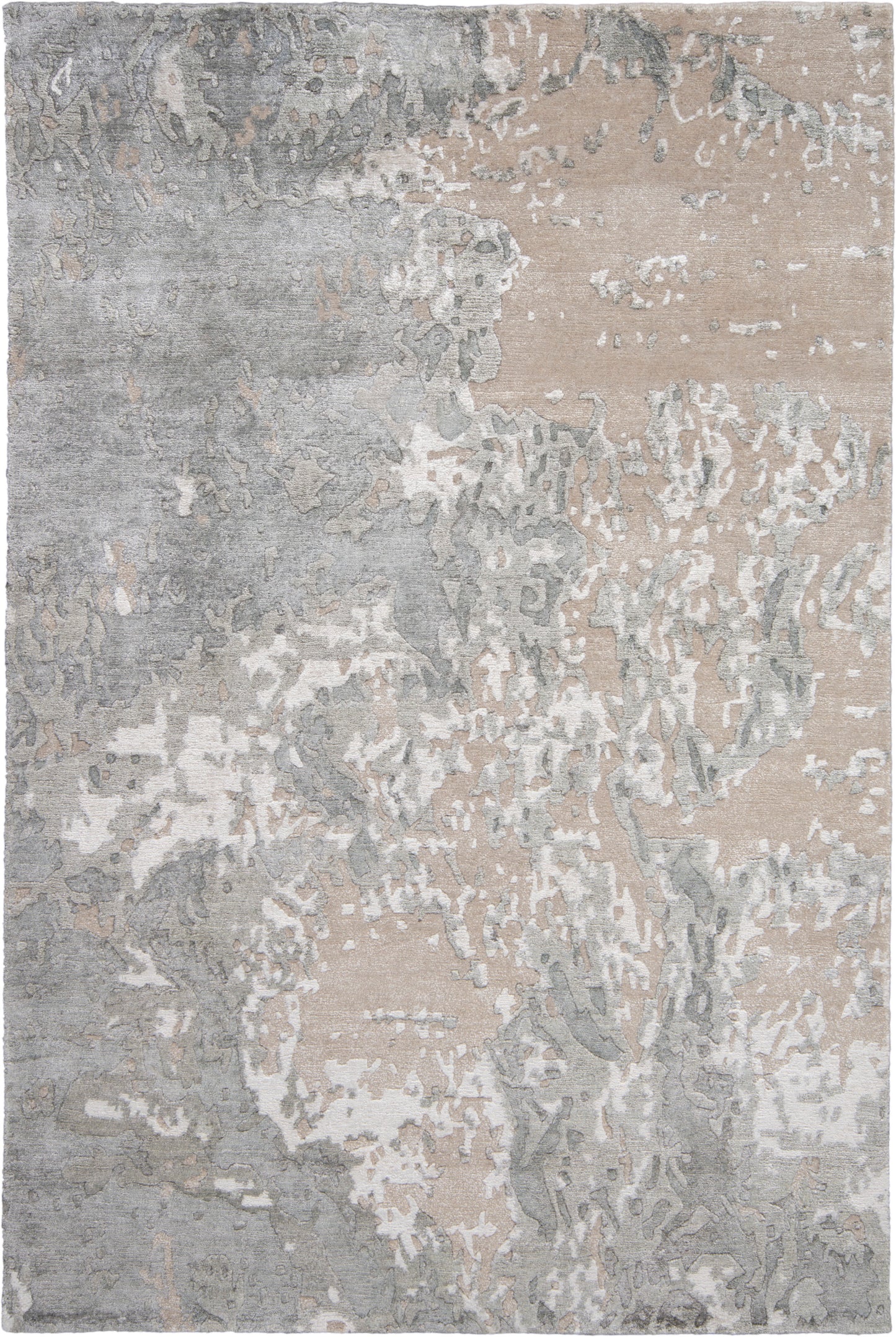 Rectangular abstract area rug in muted gray and beige, plush pile with a distressed, organic pattern.