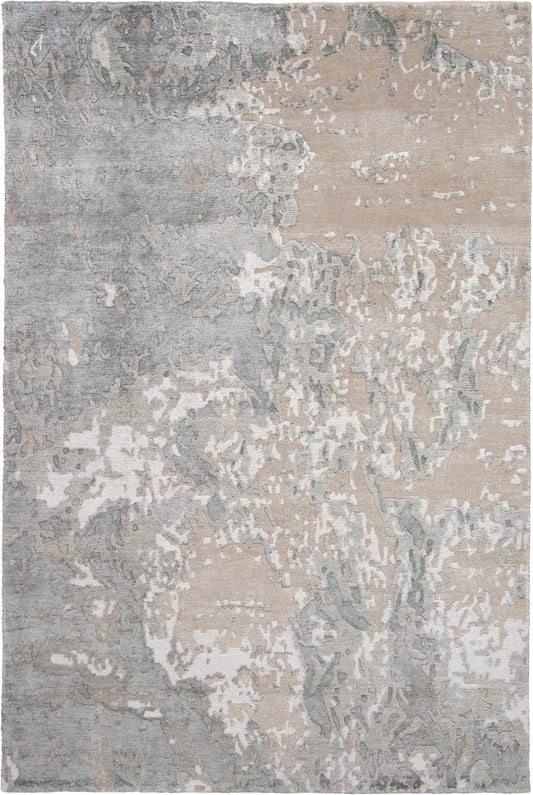 Rectangular abstract area rug in muted gray and beige, plush pile with a distressed, organic pattern.