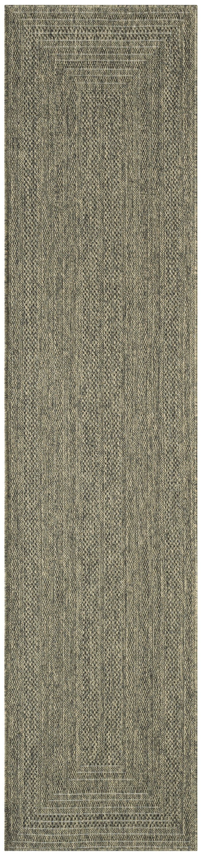 Long woven rug runner in gray-beige tones with textured, repeating geometric borders and a soft, looped weave.