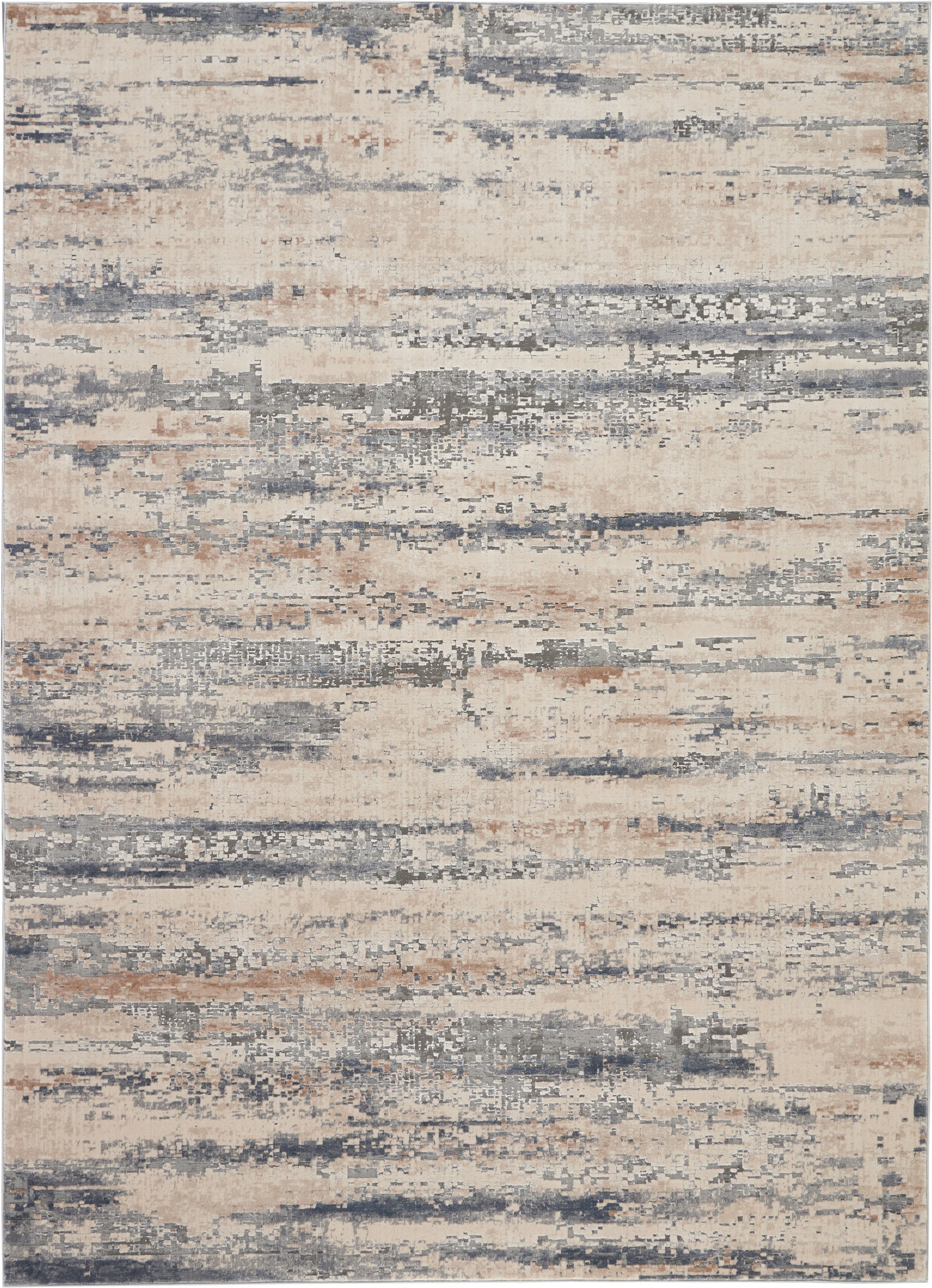 Abstract distressed beige and blue-gray area rug with horizontal brushstroke bands; contemporary decor.