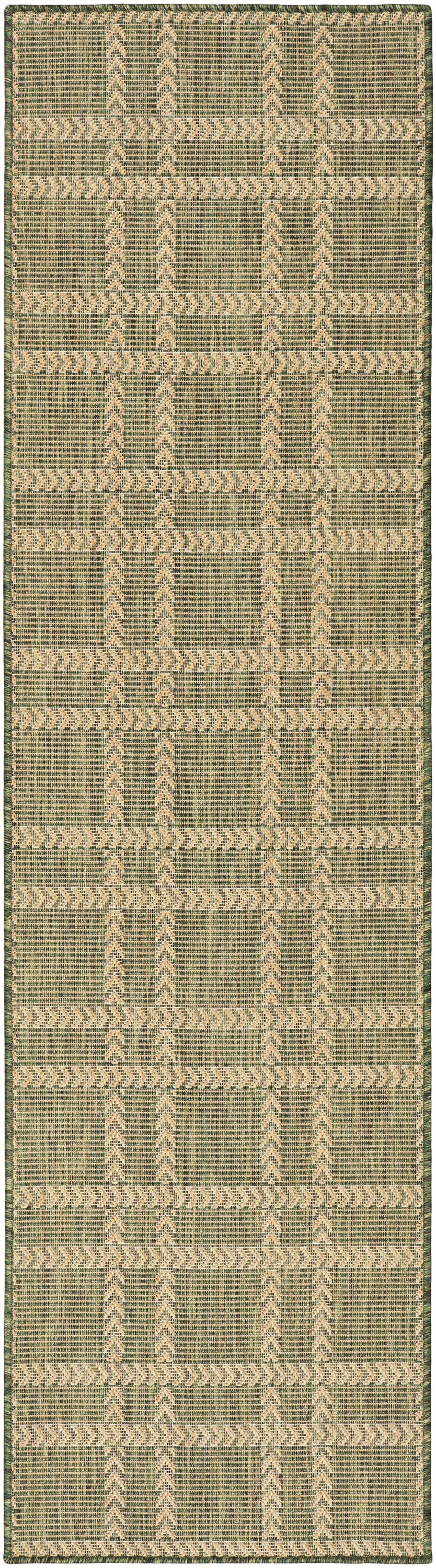 Olive green and natural beige woven runner rug with geometric chevron blocks; textured natural fiber.