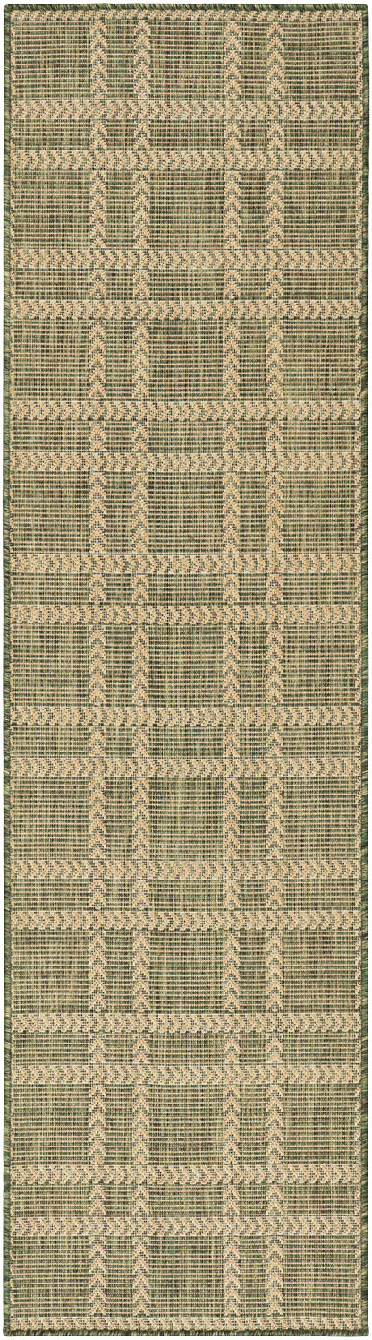 Olive green and natural beige woven runner rug with geometric chevron blocks; textured natural fiber.