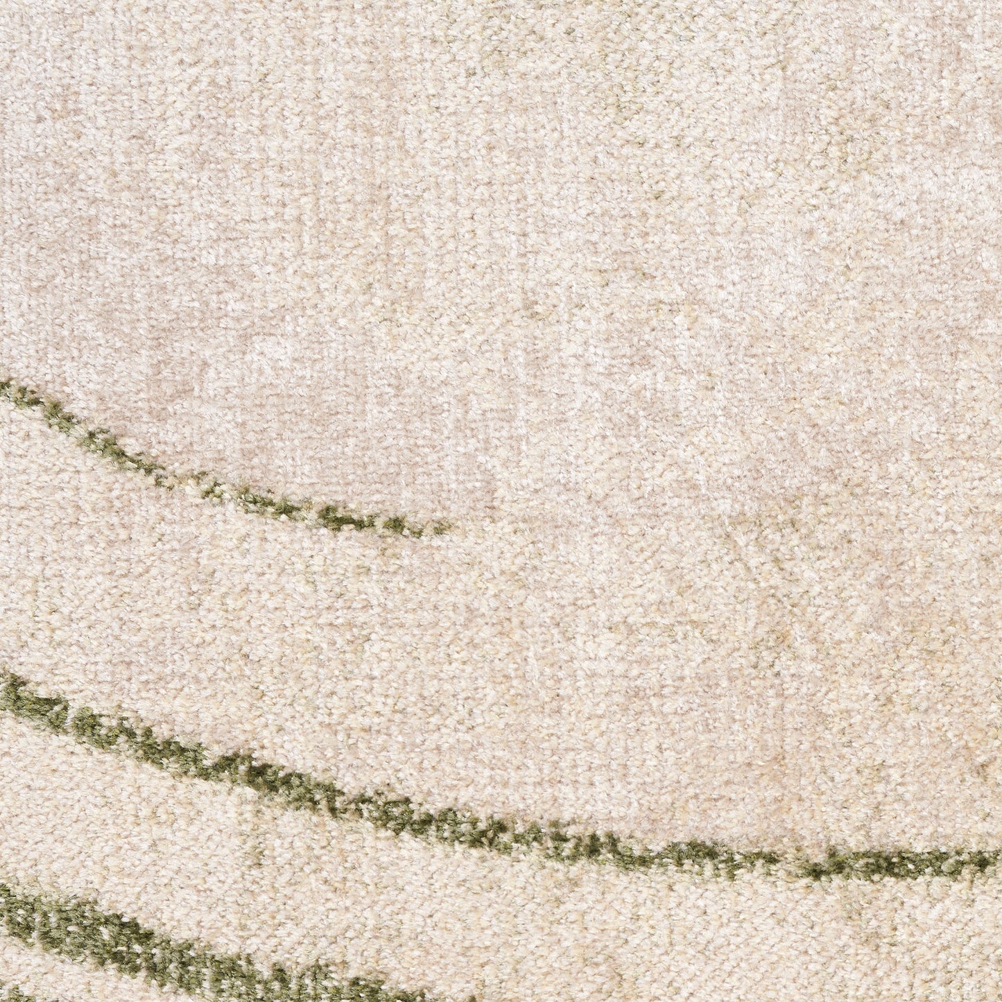 Beige textured rug with olive-green curved stripes across the pile.