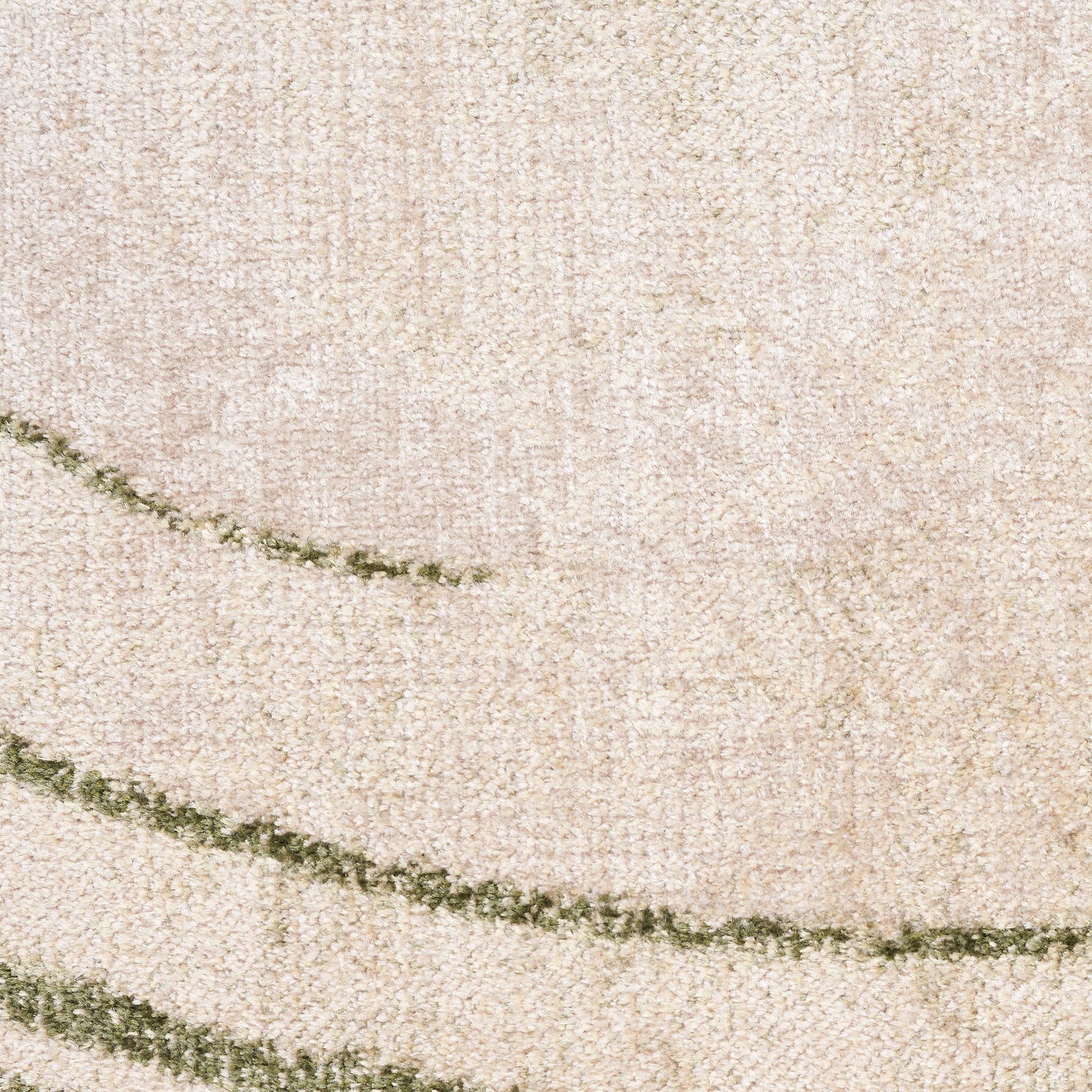 Beige textured rug with olive-green curved stripes across the pile.
