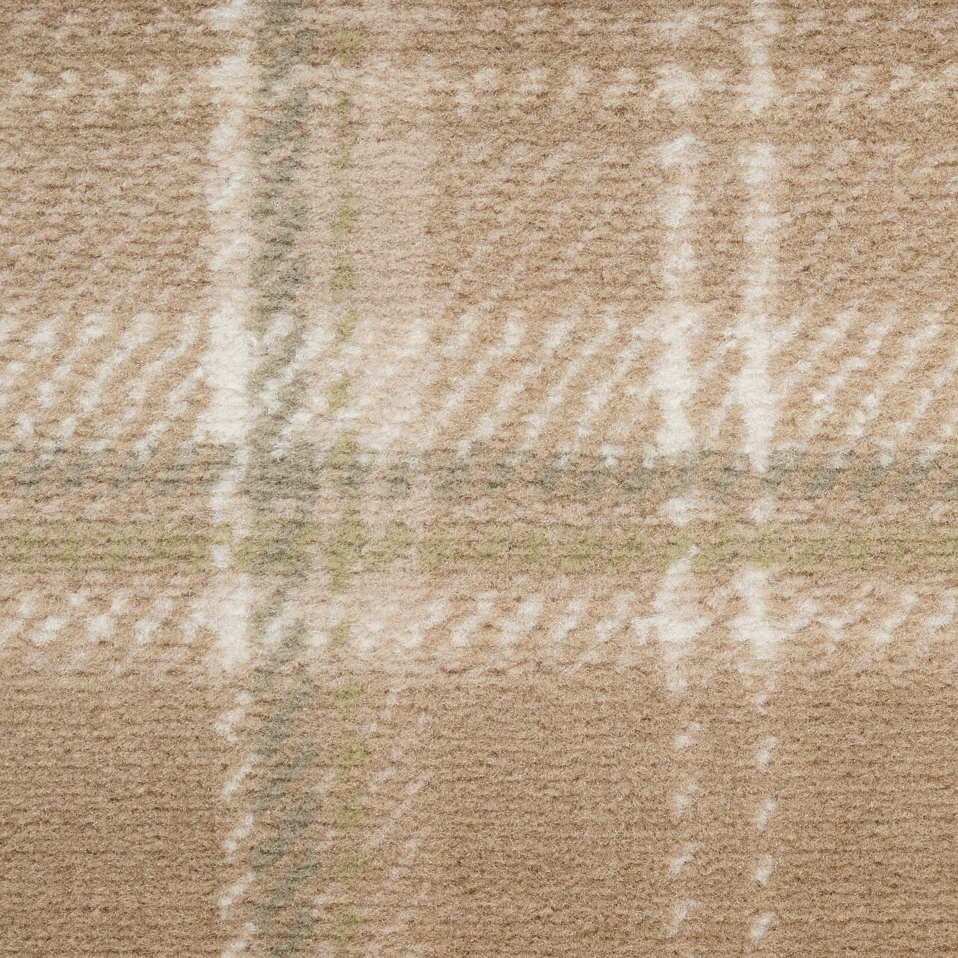 Beige plaid wool throw blanket with white and pale green lines; soft, fuzzy fabric.