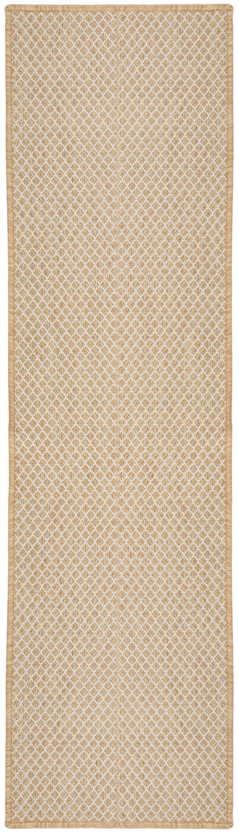 Tall beige-gold diamond lattice rug runner, 6' long, with a pale border; elegant geometric pattern.