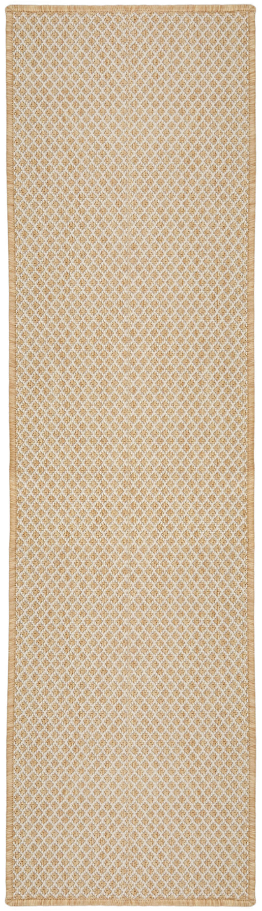 Tall beige-gold diamond lattice rug runner, 6' long, with a pale border; elegant geometric pattern.