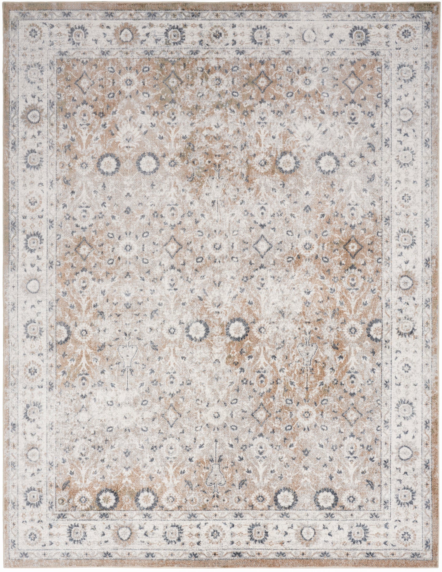 Distressed traditional oriental area rug in ivory, beige, taupe, and blue tones with floral medallion border.