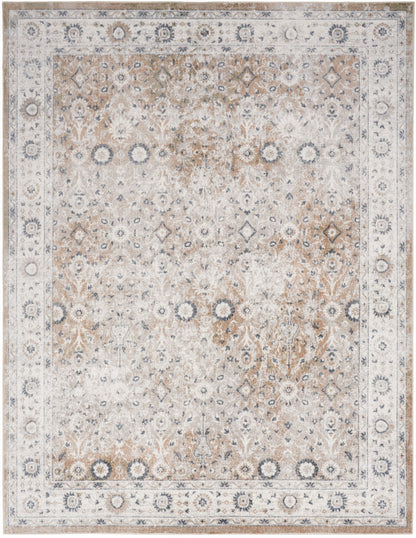 Distressed traditional oriental area rug in ivory, beige, taupe, and blue tones with floral medallion border.