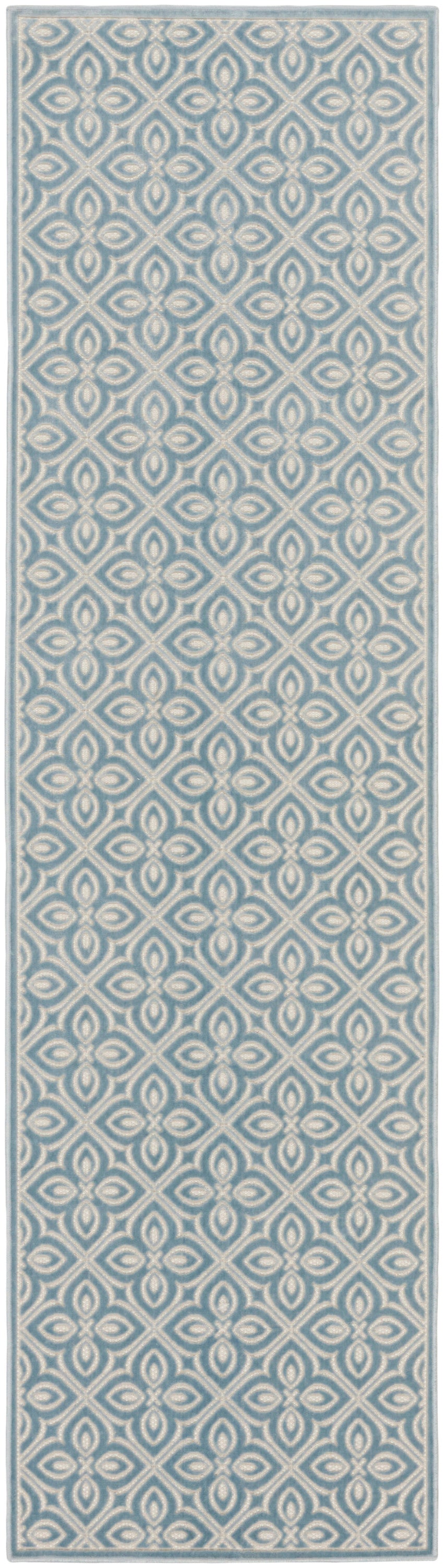 Long narrow wallpaper panel with cream geometric floral lattice on blue-gray background, bordered edges.