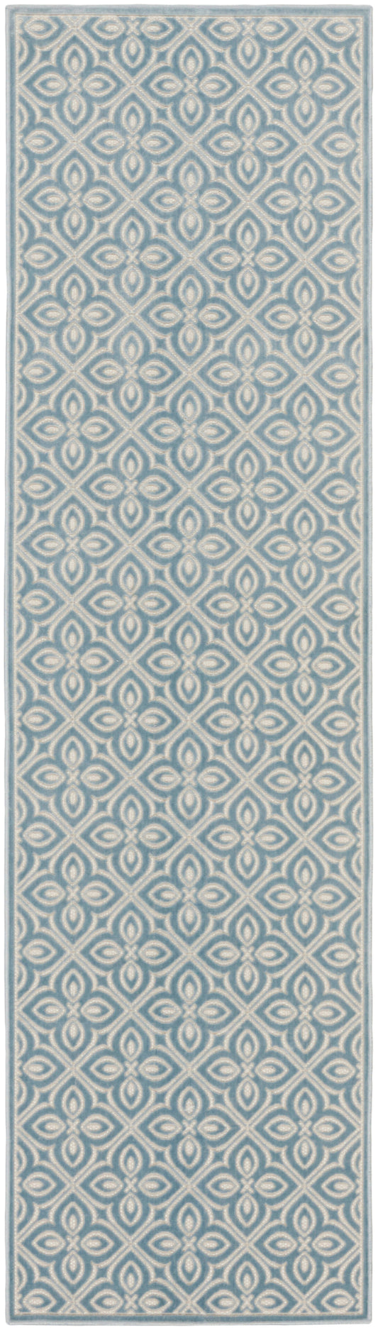 Long narrow wallpaper panel with cream geometric floral lattice on blue-gray background, bordered edges.