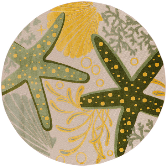 Round coastal rug with green starfish dotted in yellow, pale seaweed and coral on a beige background.