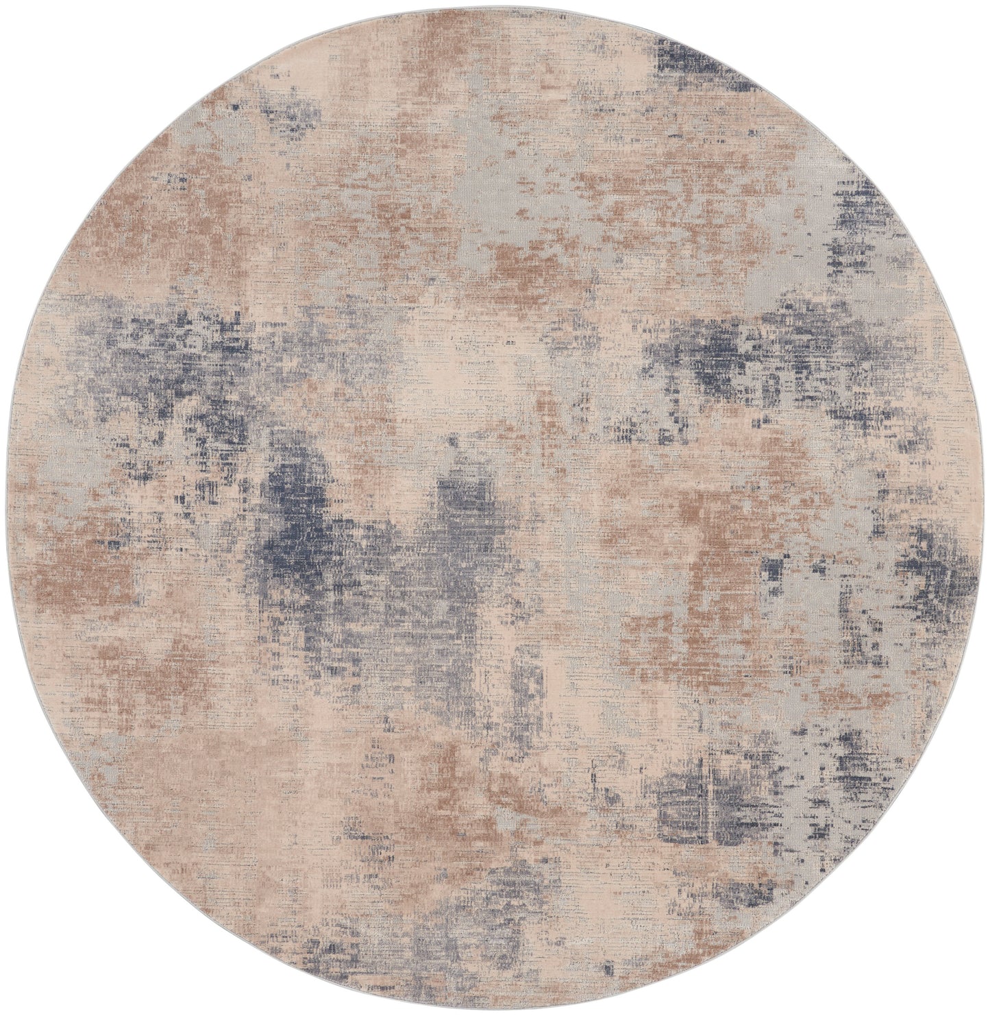 Round area rug with abstract distressed pattern in beige, blush and blue-gray tones; contemporary, cozy decor.