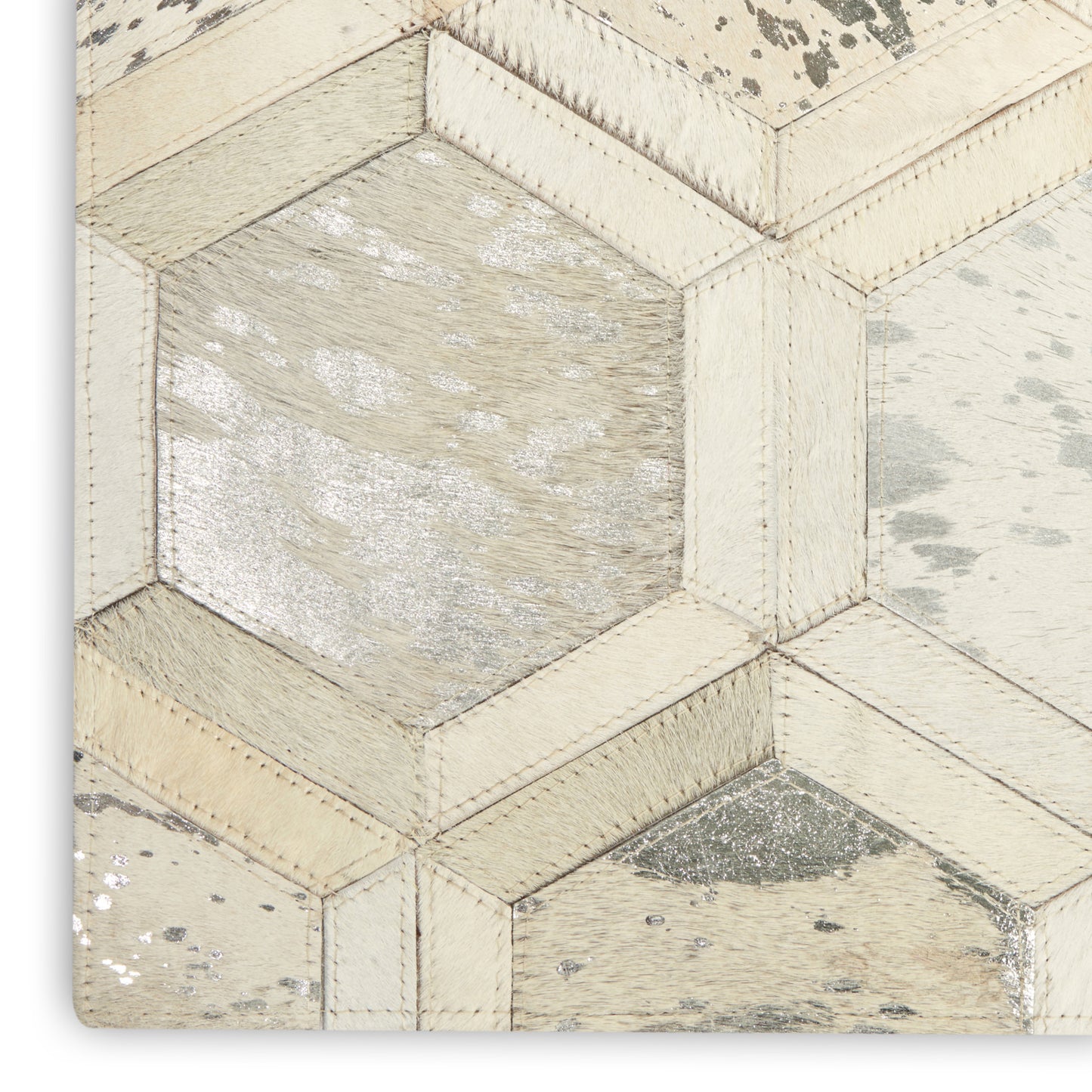 Cream, beige and silver metallic patchwork hex tile with stitched edges; quilted leather look.