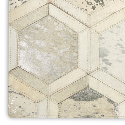 Cream, beige and silver metallic patchwork hex tile with stitched edges; quilted leather look.