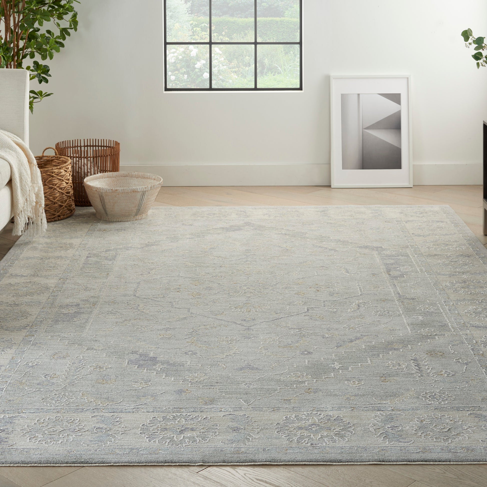 Light gray area rug with subtle medallion pattern in a bright sunlit living room with plants, wicker baskets, and framed art.