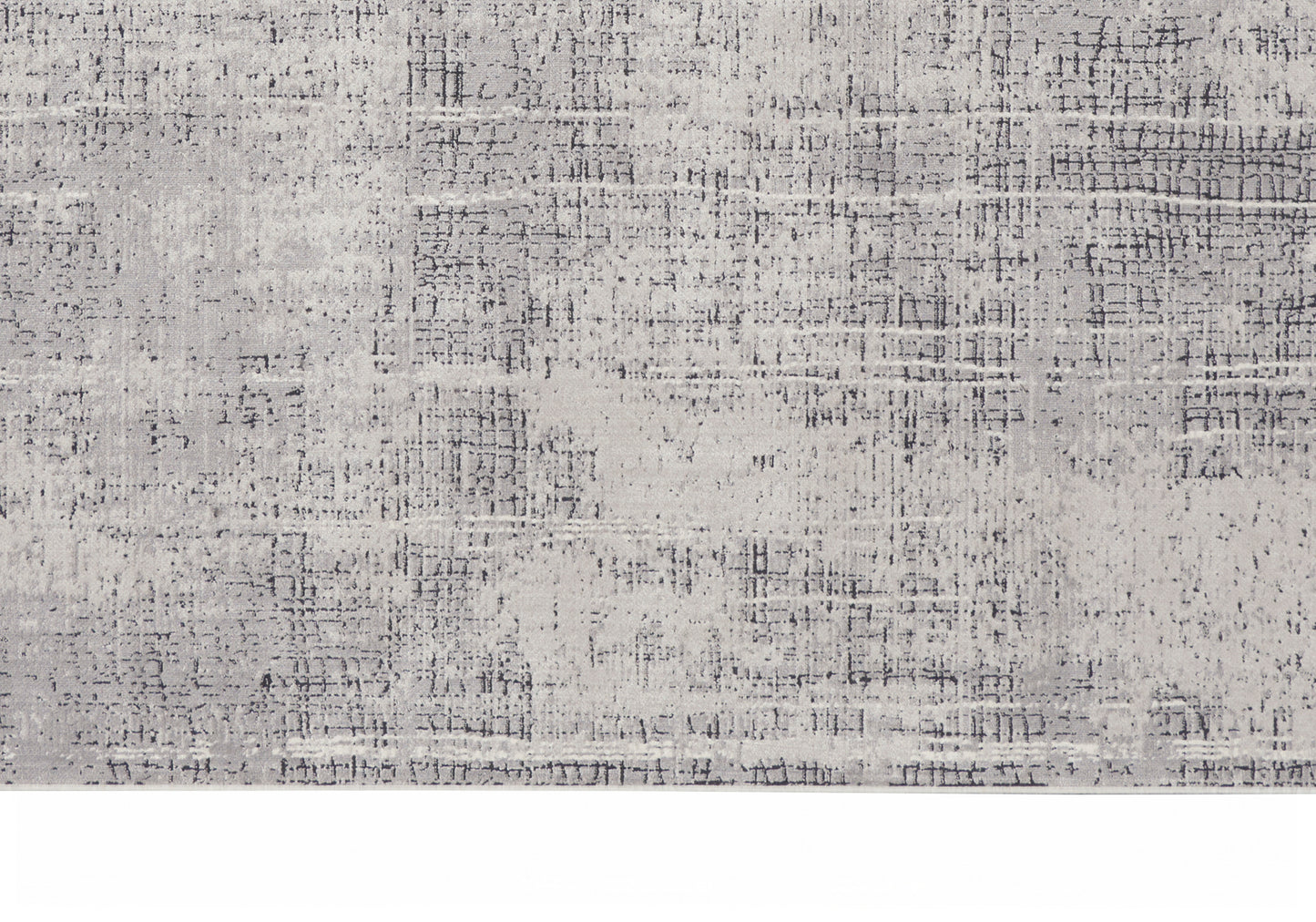 Neutral grey distressed area rug with subtle charcoal grid; modern, soft pile for living room or bedroom.