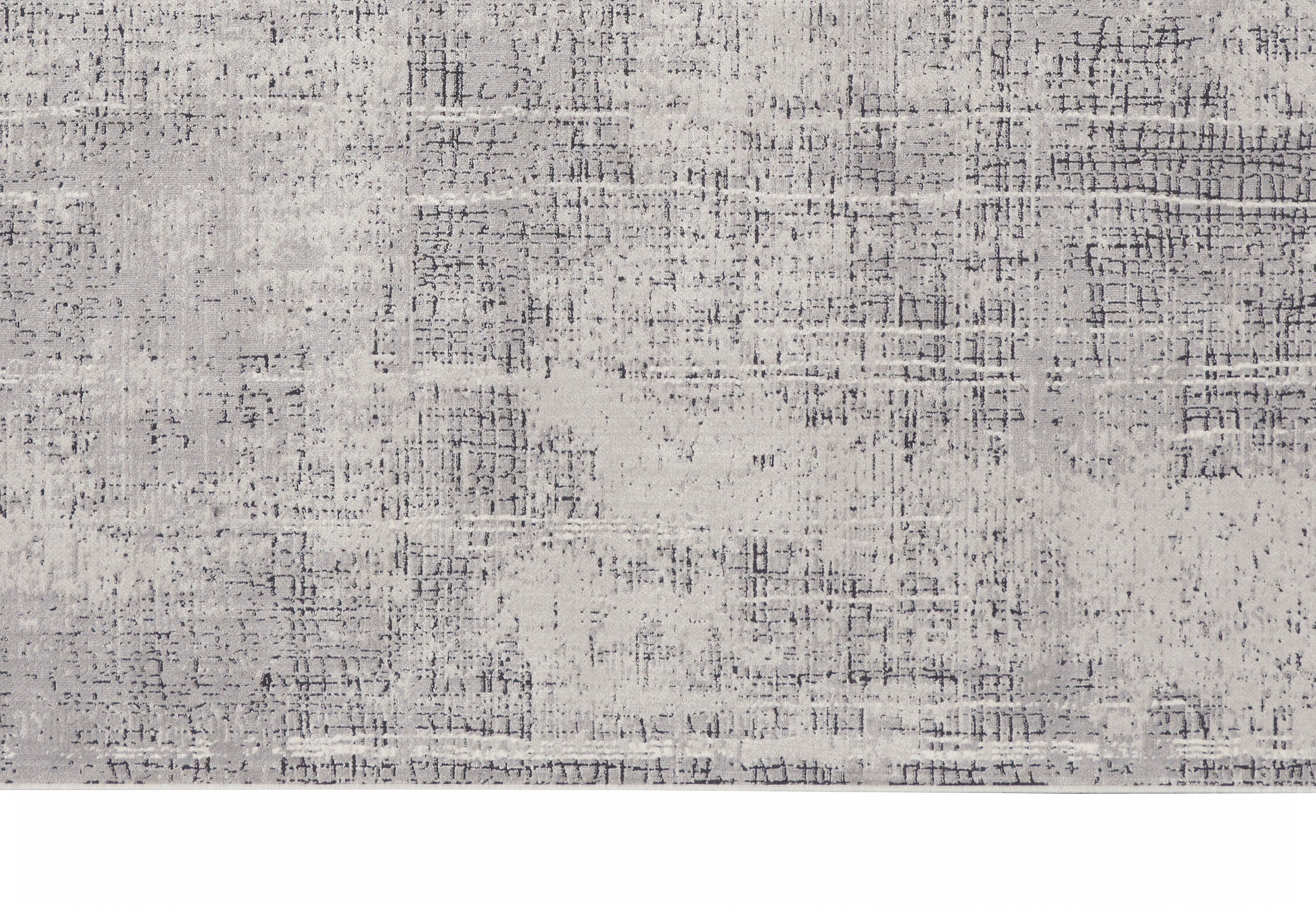 Neutral grey distressed area rug with subtle charcoal grid; modern, soft pile for living room or bedroom.