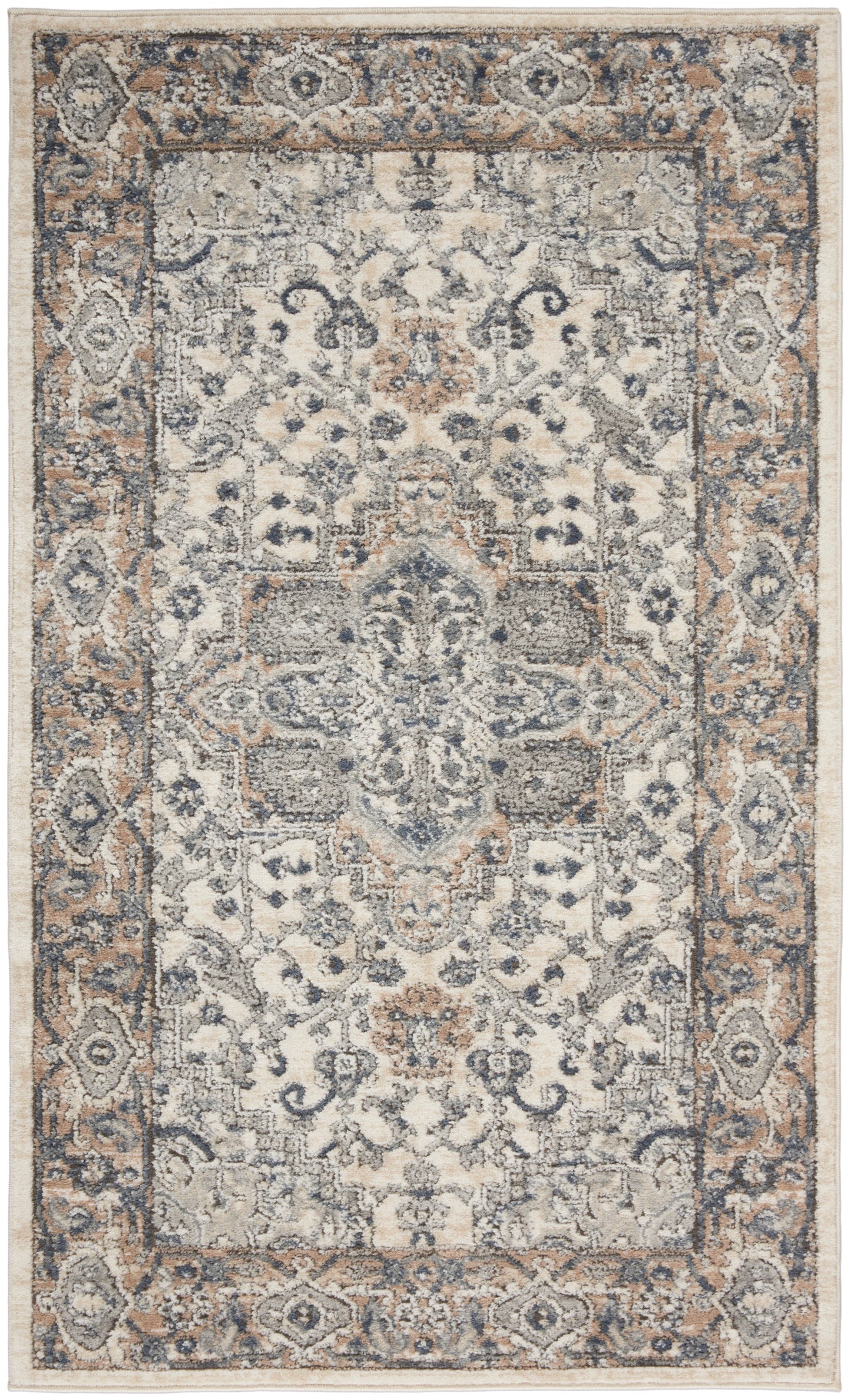 Cream & blue-gray Persian-style area rug with central medallion & floral motifs & ornate border.