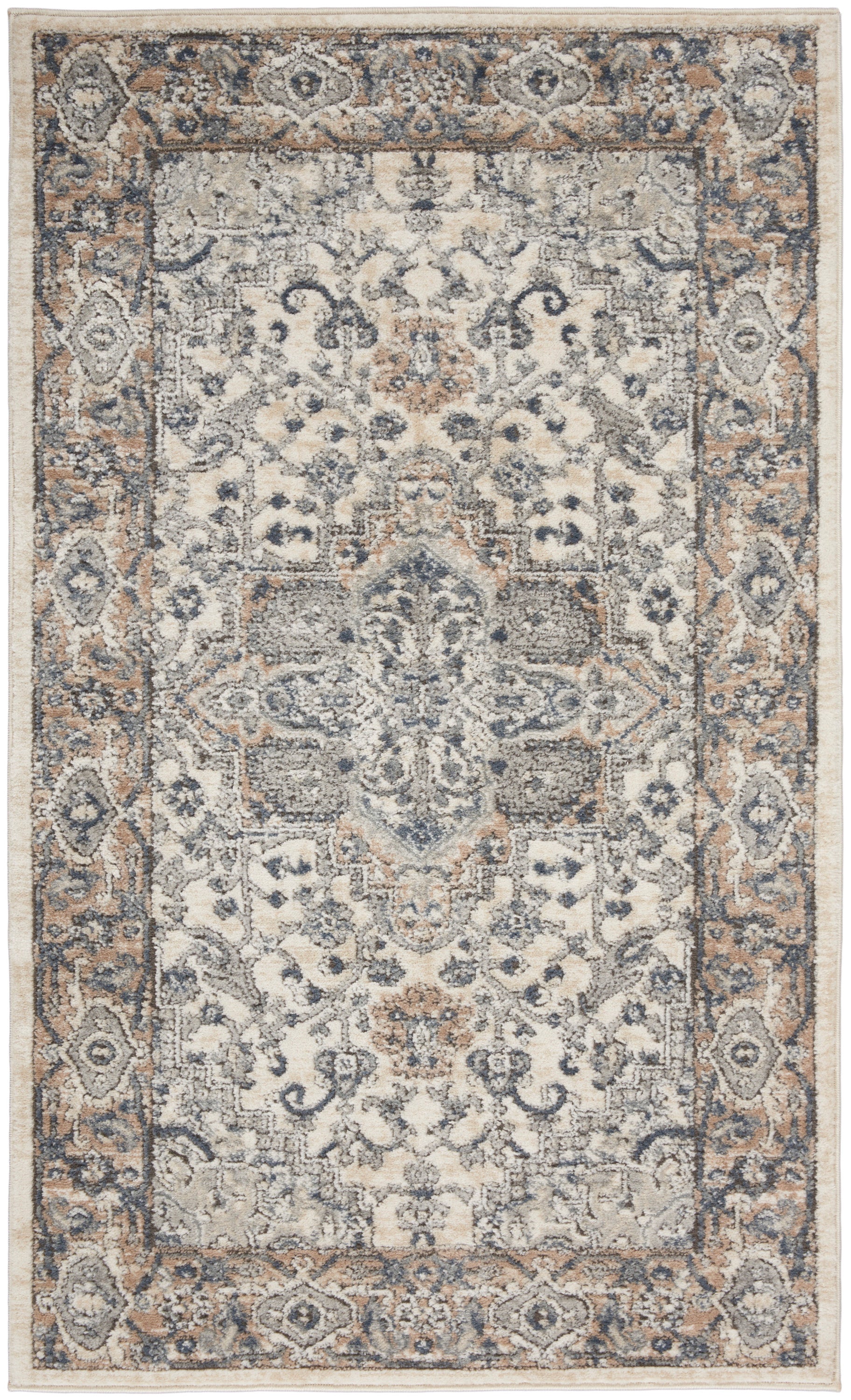 Cream & blue-gray Persian-style area rug with central medallion & floral motifs & ornate border.