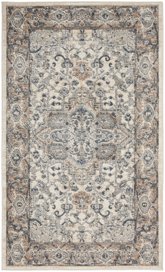 Cream & blue-gray Persian-style area rug with central medallion & floral motifs & ornate border.