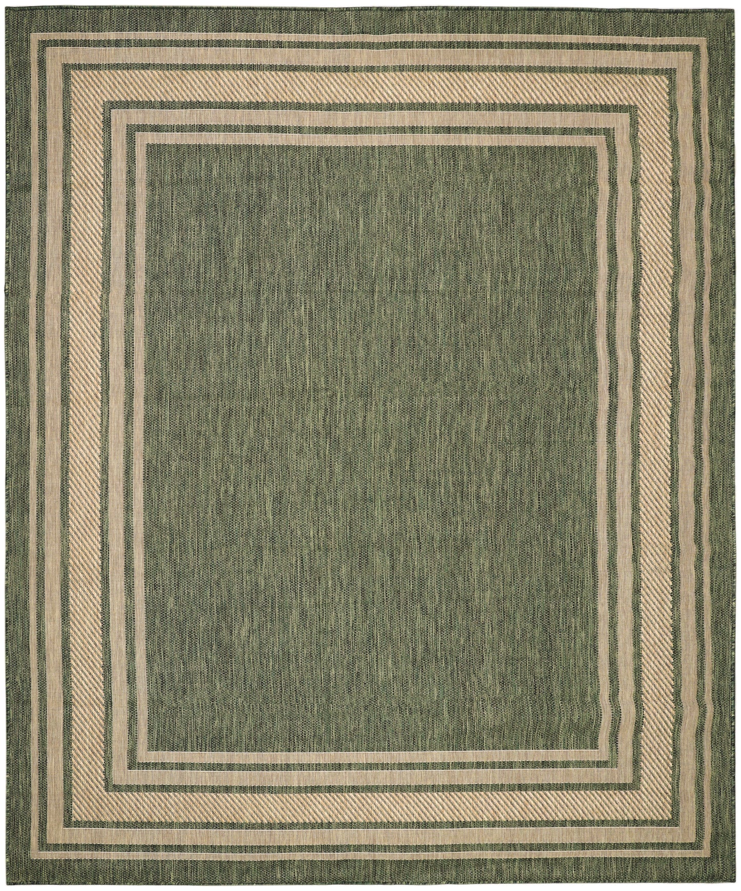 Olive green rug with cream beige concentric border frames and textured surface in a rectangular geometric pattern.