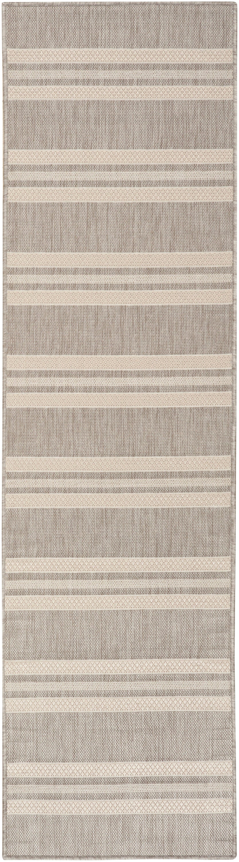 Textured taupe and cream flat-weave rug runner with pale striped bands for hallway or living area.