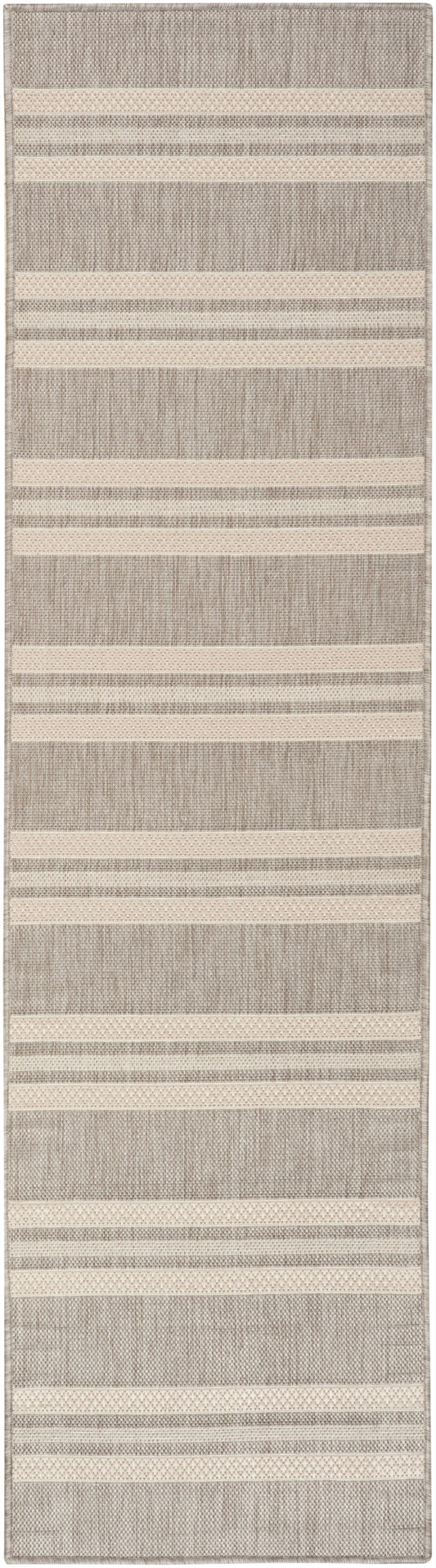 Textured taupe and cream flat-weave rug runner with pale striped bands for hallway or living area.