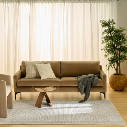 Beige 5' x 7' rug in a living room setting with a beige sofa & two textured cushions, a gray throw, a small wooden coffee table, and a potted plant in the corner.