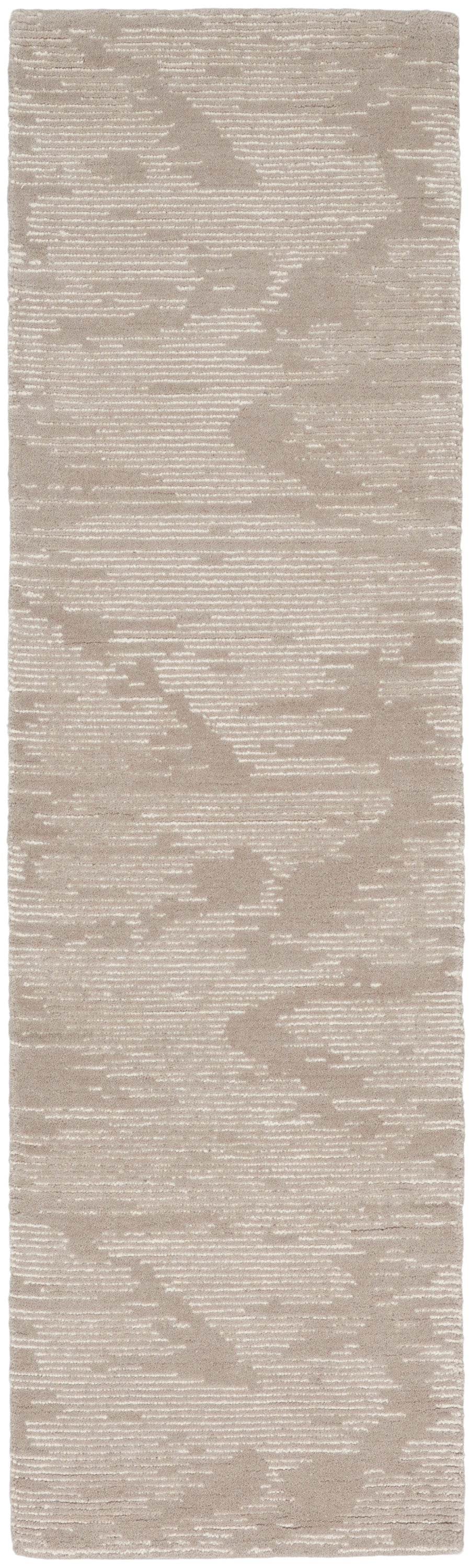 Beige taupe abstract patterned runner rug with soft textured pile for modern decor.