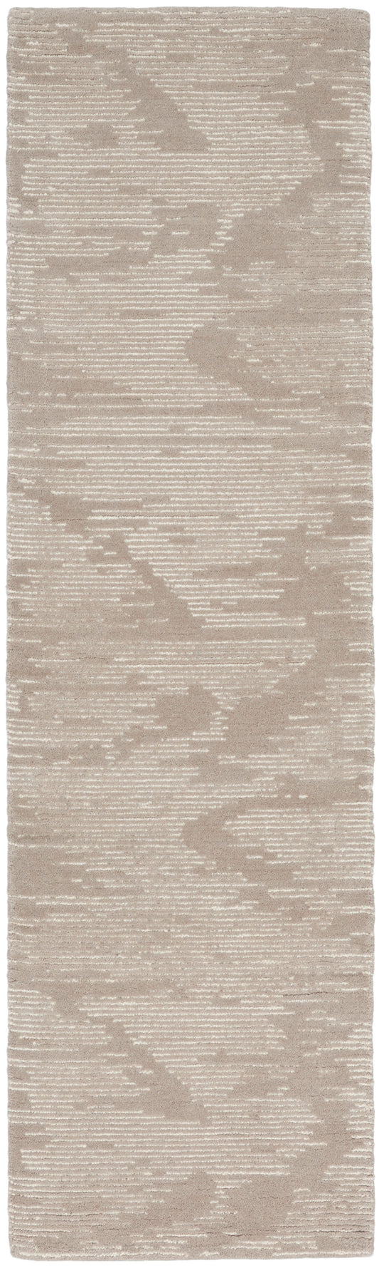 Beige taupe abstract patterned runner rug with soft textured pile for modern decor.