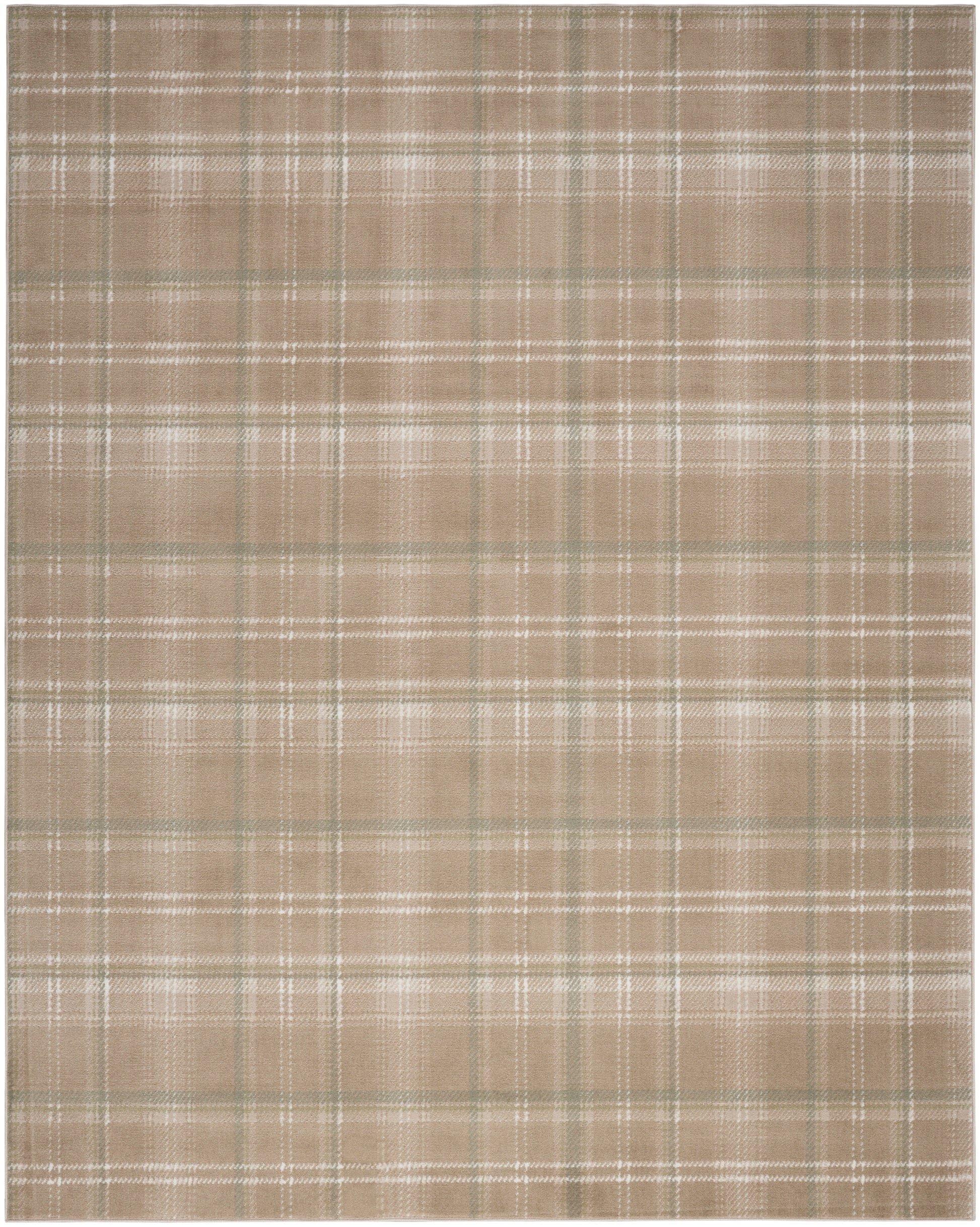 Beige plaid rug with thin white and gray lines, woven texture; rectangular area rug for living room or bedroom.