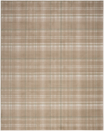Beige plaid rug with thin white and gray lines, woven texture; rectangular area rug for living room or bedroom.