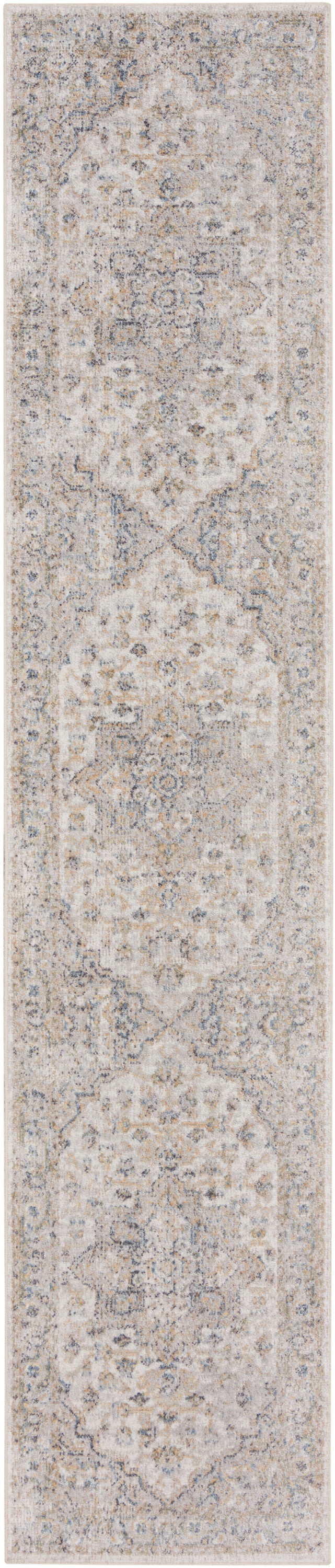Neutral beige rug runner with faded gray medallion motifs; long narrow oriental design in muted ivory-taupe tones.