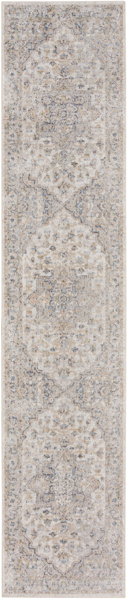 Neutral beige rug runner with faded gray medallion motifs; long narrow oriental design in muted ivory-taupe tones.