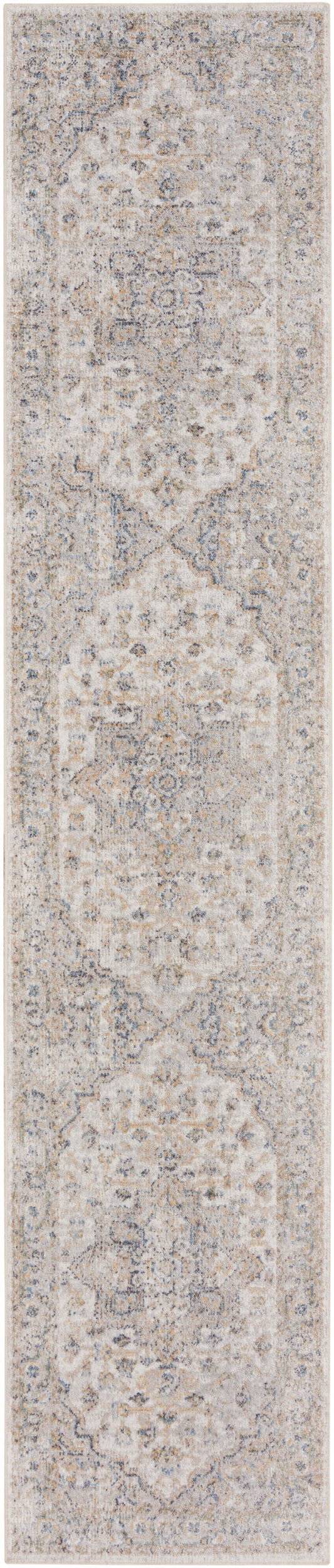 Neutral beige rug runner with faded gray medallion motifs; long narrow oriental design in muted ivory-taupe tones.